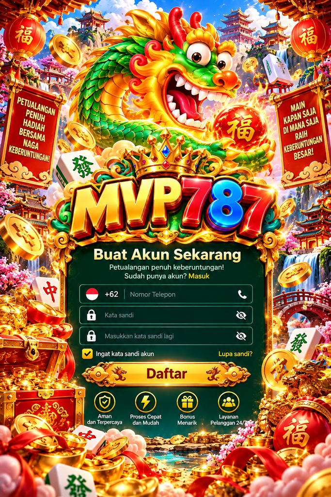 MVP787 Daftar dengan tema Fortune Dragon, naga keberuntungan, koin emas, dan formulir pendaftaran akun.