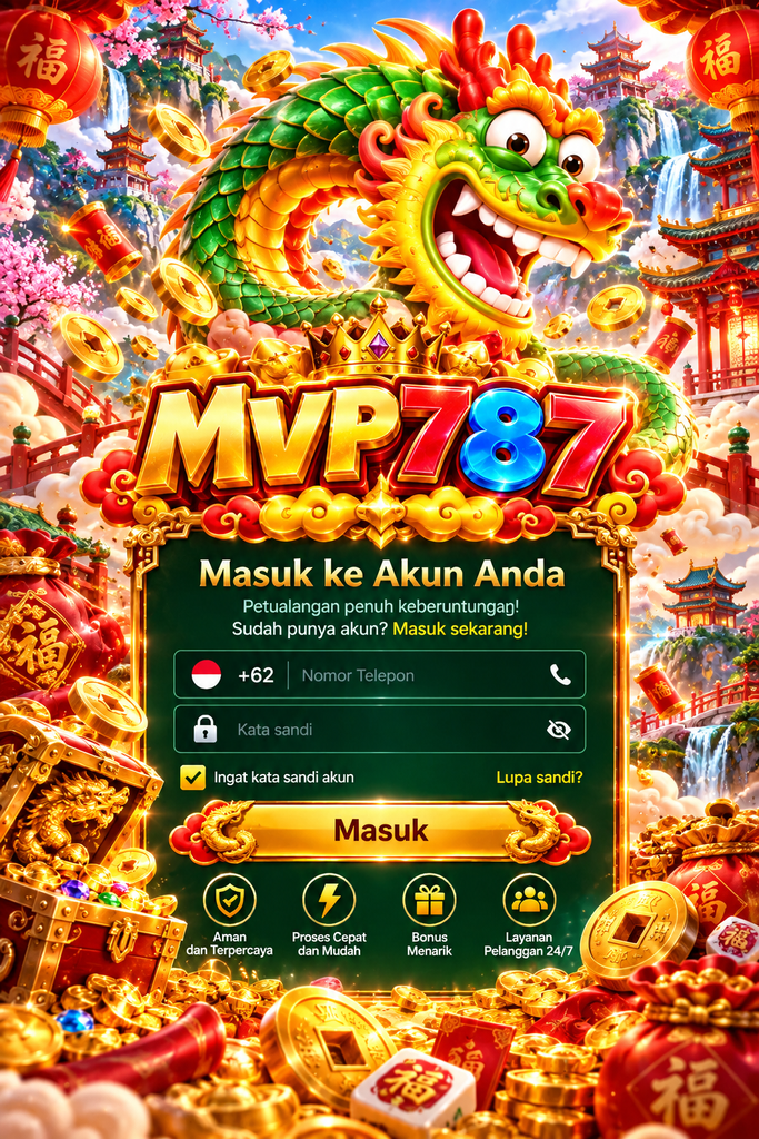 MVP787 Login dengan tema Fortune Dragon, naga hijau, koin emas dan halaman masuk akun.